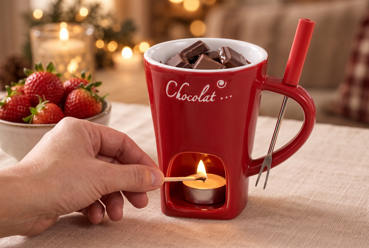 Teelicht in der Mini-Fondue-Tasse wird mit einem Streichholz angezündet