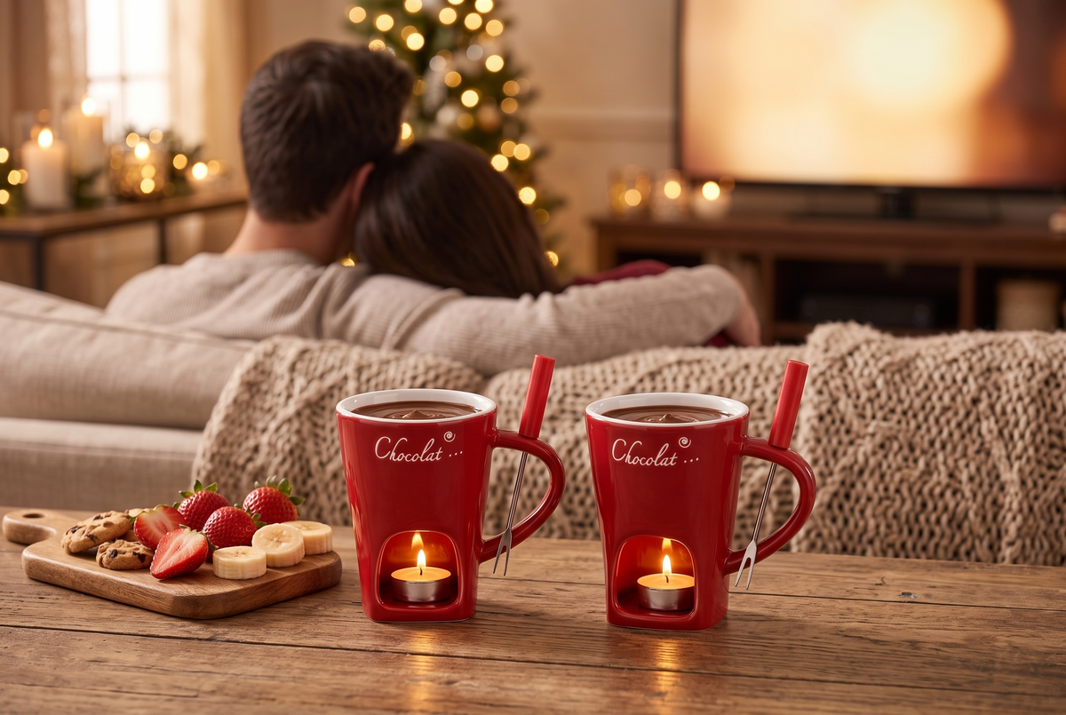 Paar auf dem Sofa beim Filmabend, davor zwei Mini-Fondue-Tassen mit Schokolade