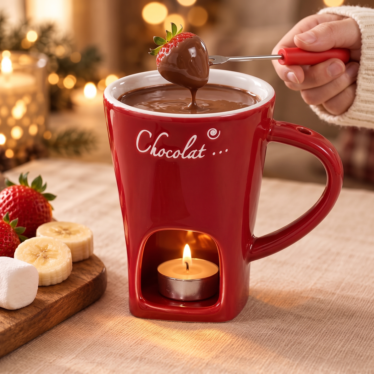 Erdbeere wird mit der Fondue-Gabel aus der Mini-Fondue-Tasse mit geschmolzener Schokolade gehoben