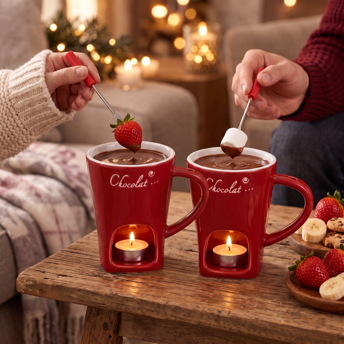 Zwei Mini-Fondue-Tassen auf dem Couchtisch, zwei Personen dippen Erdbeere und Marshmallow in Schokolade