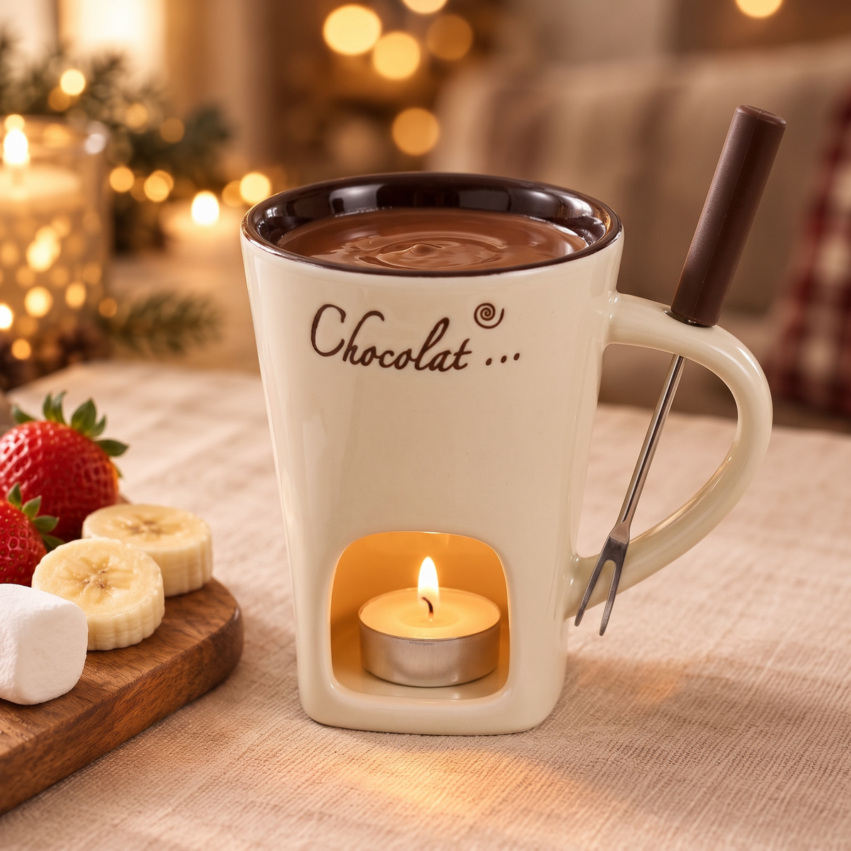 Schmelzzeit Mini-Fondue-Tasse in Beige mit geschmolzener Schokolade, brennendem Teelicht und Fondue-Gabel, daneben Erdbeeren, Bananen und Marshmallows