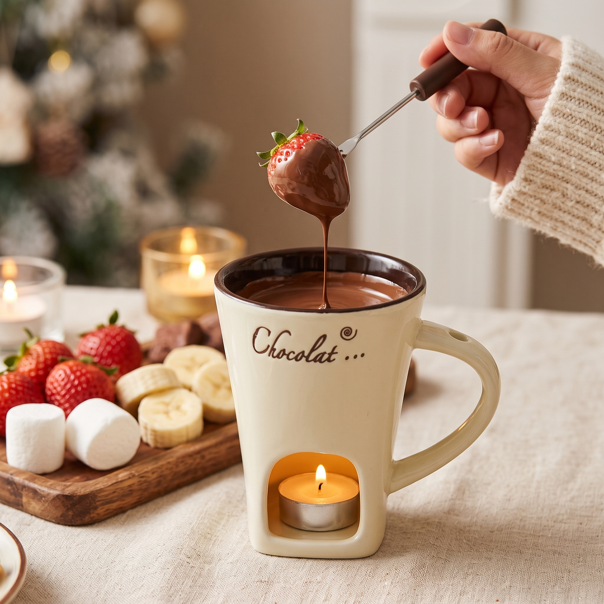Erdbeere wird mit der Fondue-Gabel aus der beigen Mini-Fondue-Tasse mit geschmolzener Schokolade gehoben