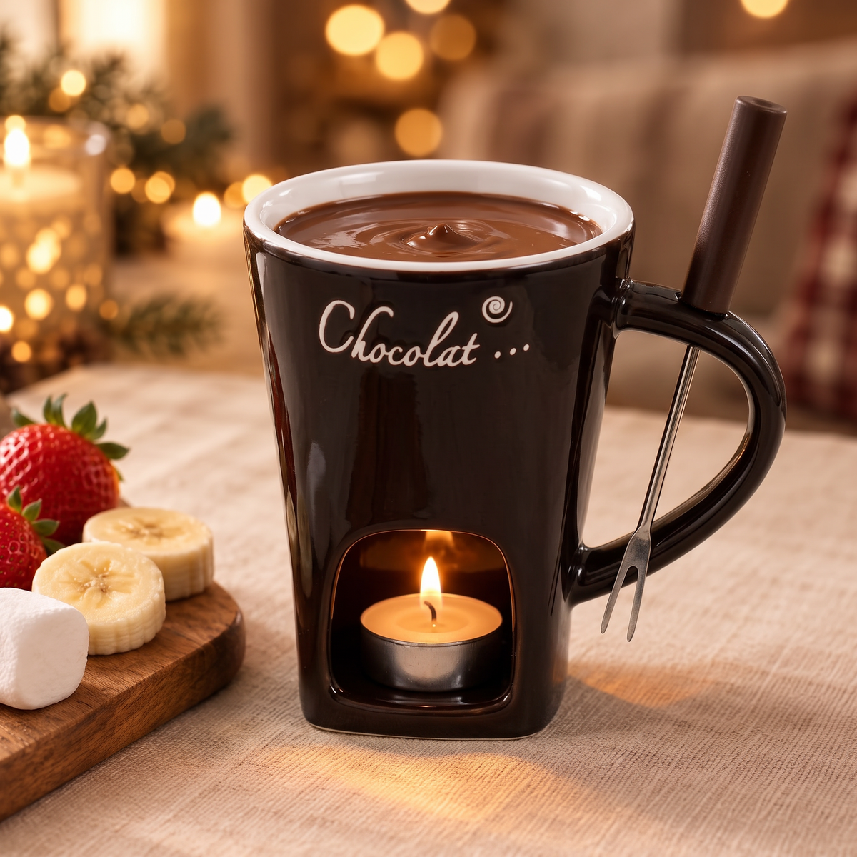 Schmelzzeit Mini-Fondue-Tasse in Schokobraun mit geschmolzener Schokolade, brennendem Teelicht und Fondue-Gabel, daneben Erdbeeren, Bananen und Marshmallows