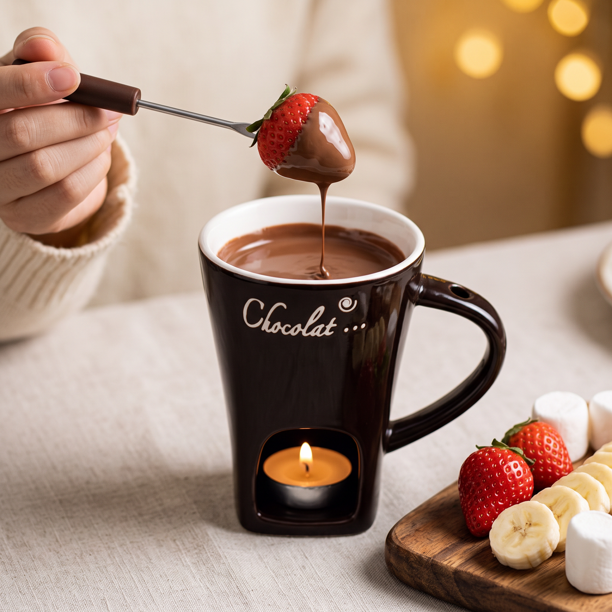 Erdbeere wird mit der Fondue-Gabel aus der schokobraunen Mini-Fondue-Tasse mit geschmolzener Schokolade gehoben
