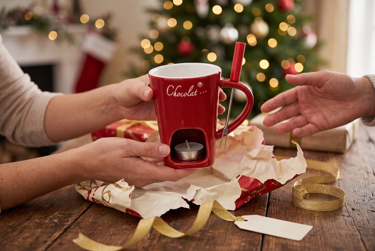 Mini-Fondue-Tasse wird an Heiligabend aus dem Geschenkpapier ausgepackt