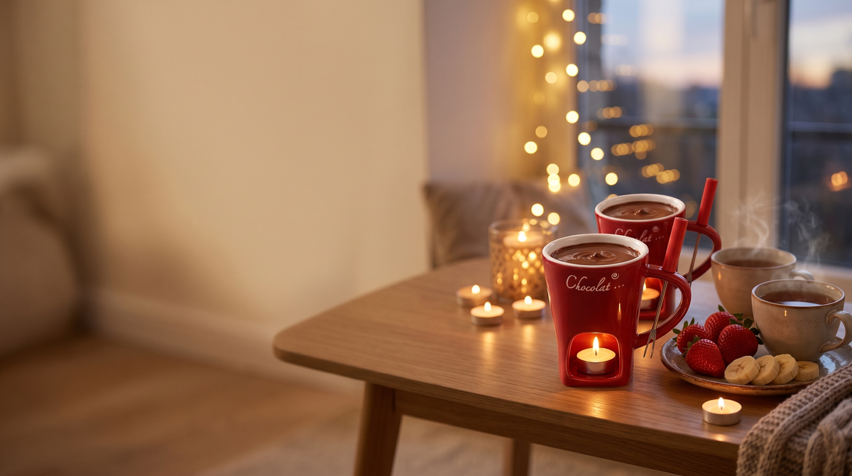 Zwei Mini-Fondue-Tassen mit Schokolade auf einem Holztisch am Fenster in der Abenddämmerung, Kerzen und Lichterketteslider_item_fDyVhA